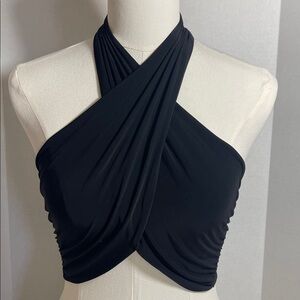 NWT Boohoo Night Black Crossover Halter Crop Top  Size US 8